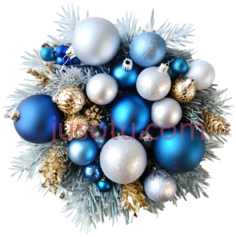 圣诞花环,节日装饰,蓝色,白色,金色PNG