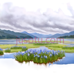 湖泊, 山脉, 草丛, 雪莲,油画,蓝色, 绿色, 白色PNG