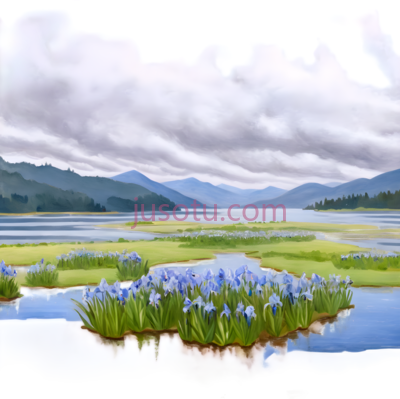 湖泊, 山脉, 草丛, 雪莲,油画,蓝色, 绿色, 白色, PNG