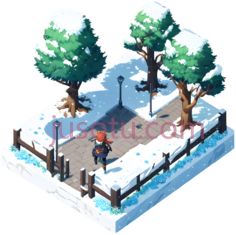 雪景公园,像素风,绿色,白色,棕色PNG