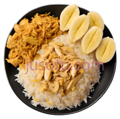 美食,黄色,米饭,鸡肉丝,香蕉,糖浆,盘子,餐桌,家庭PNG