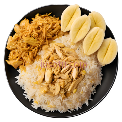 美食,黄色,米饭,鸡肉丝,香蕉,糖浆,盘子,餐桌,家庭, PNG