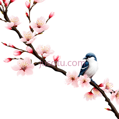 樱花,鸟,插画,粉色,白色,蓝色, PNG