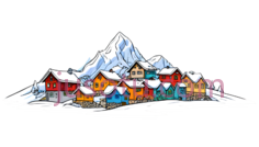 雪山村庄,卡通,多彩PNG